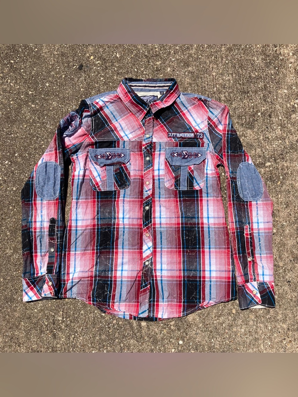 Affliction Premium Black Patch Shirt Womens Large Plaid Aztec Pearl Snap Button